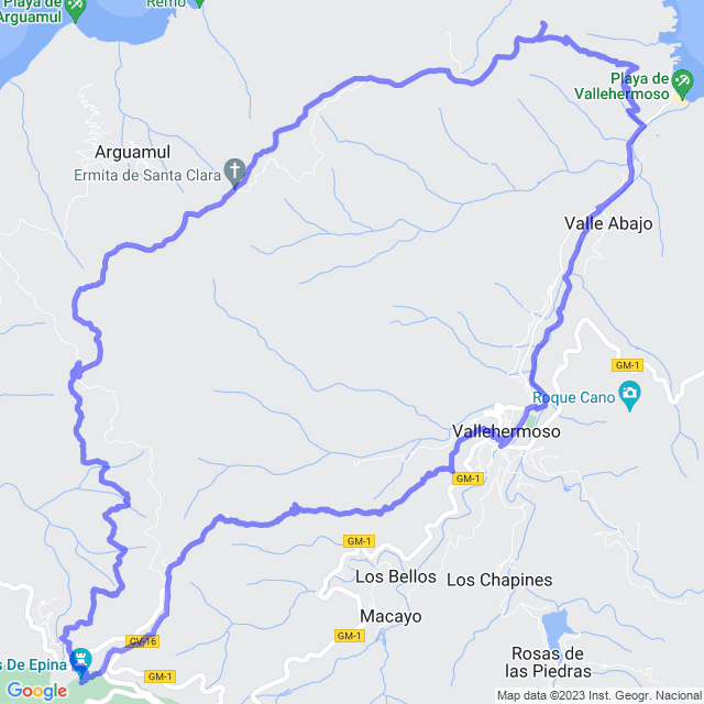 Hiking map of the trail footpath: Vallehermoso - Epina - Sta Clara - Pta de Alcalá - Playa - Vallehermoso