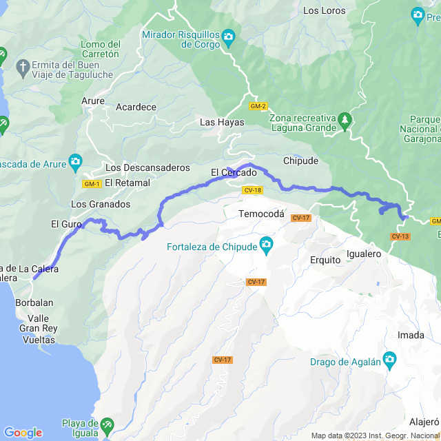 Hiking map of the trail footpath: Valle Gran Rey/La Calera - Ermita de los reyes - Degollada del Serrillal - El Cercado - Los Manantia