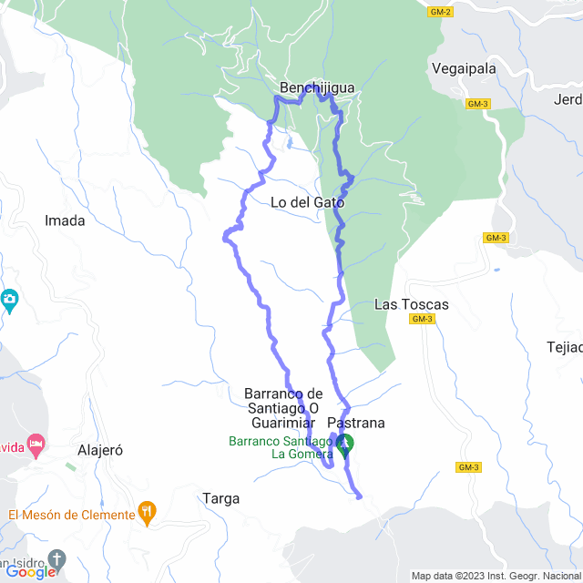 Hiking map of the trail footpath: Alajeró/El Rumbazo - Pastrana - Benchijigua - Lasadoe - Guarimiar - El Rumbazo