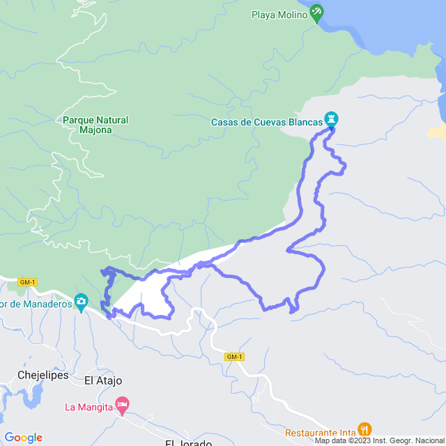 Hiking map of the trail footpath: San Seb/Las Casetas - Laguerode - Cuevas Blancas - Laguerode - Las Casetas