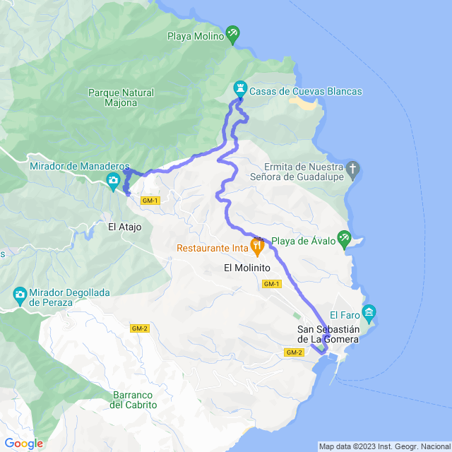 Hiking map of the trail footpath: San Seb/Las Casetas - Laguerode - Cuevas Blancas - Aluse - San Sebastián