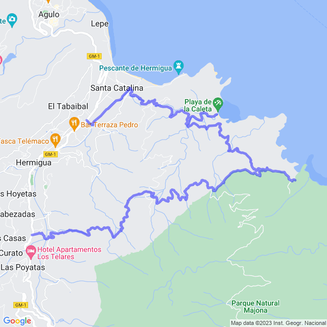 Hiking map of the trail footpath: Hermigua/La Cerca - Los Álamos - Montoro - El Palmar - Tagaluche _ La Caleta - Hermigua