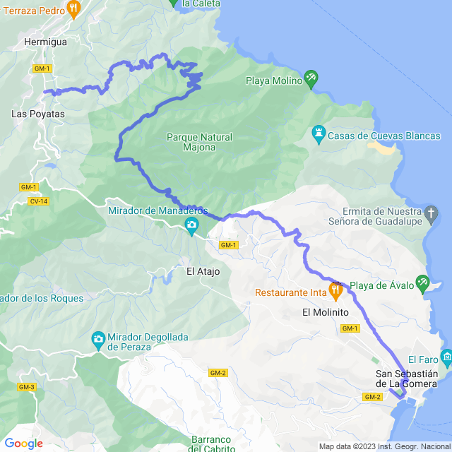 Hiking map of the trail footpath: San Sebastián - Laguerode - Enchereda - El Palmar - Montoro - Los Álamos - Hermigua/La