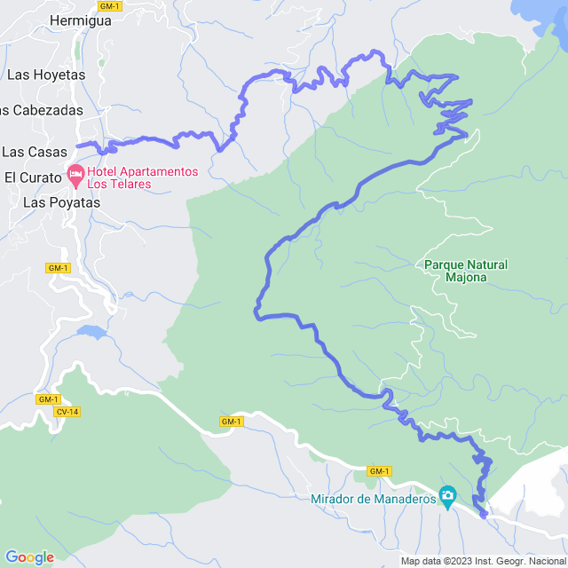 Hiking map of the trail footpath: Hermigua/La Cerca - Las Poyatas - Los Álamos - Montoro - El Palmar - Enchereda - Las Casetas