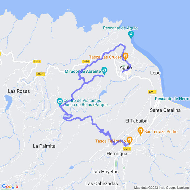 Mapa del sendero: Hermigua - El Serrillal - La Bica - La Palmita - Juego de Bolas - Abrante - El Roquillo - Agulo