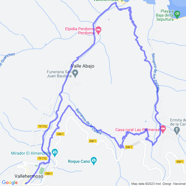 Mapa del sendero: Vallehermoso - Playa - Tamargada - Vallehermoso