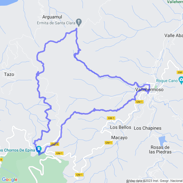 Mapa del sendero: Vallehermoso - Sta Clara - Epina - Chorros de Epina - Vallehermoso