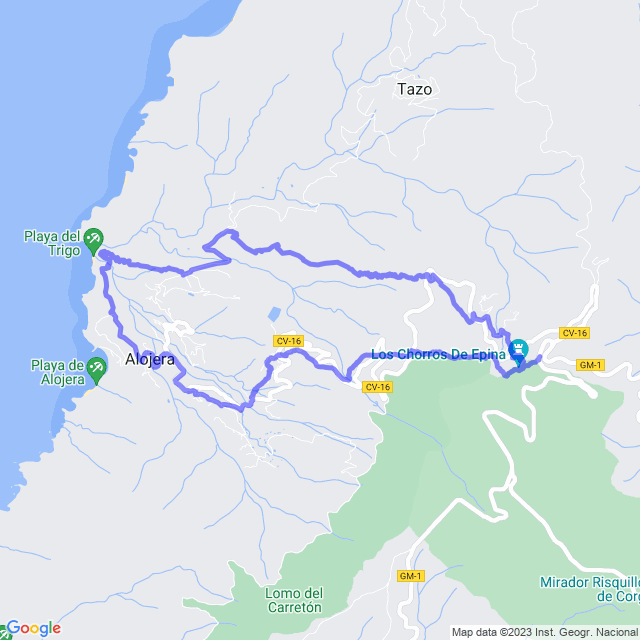 Hiking map of the trail footpath: Vallehermoso/Chorros de Epina - Epina - Playa del Trigo - Alojera - Chorros de Epina