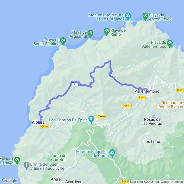 Hiking map of the trail footpath: Vallehermoso - Sta Clara - Tazo - Alojera