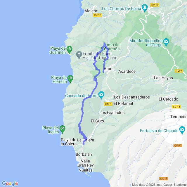 Hiking map of the trail footpath: Arure - Taguluche - Valle Gran Rey