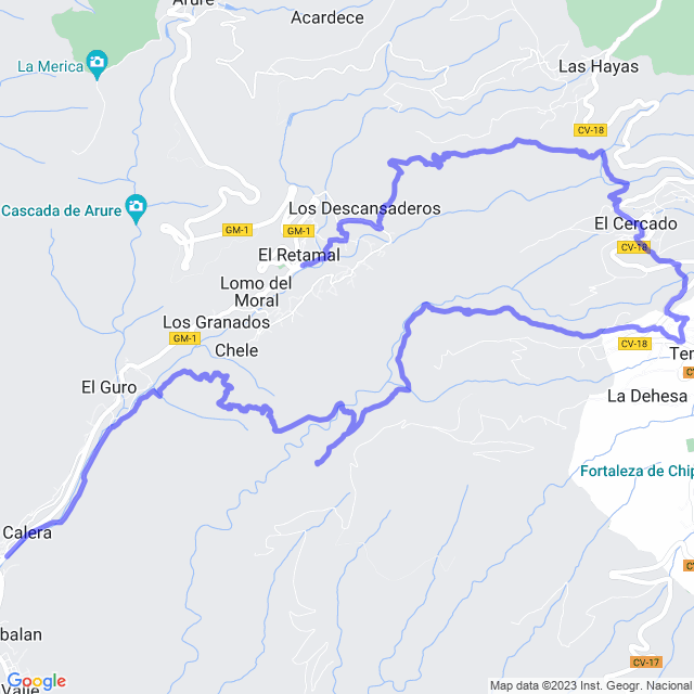 Mapa del sendero: Valle Gran Rey/Lomo de Balo - Las Hayas - El Cercado - Chipude - Ermita de Guará - Chele - VG