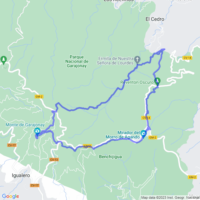Hiking map of the trail footpath: Parque/Contadero - Alto de Garajonay - Pajaritos - Reventón Oscuro - Ermita de Lourdes - Cont