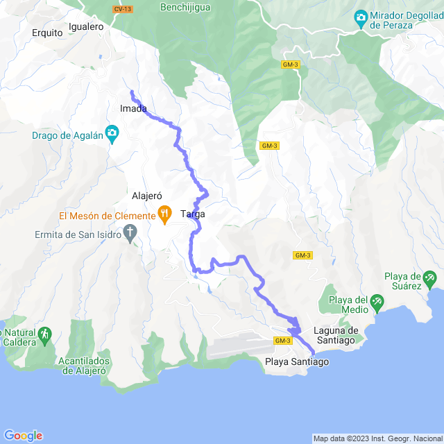 Hiking map of the trail footpath: Alajeró/Imada - Guarimiar - Targa - Antoncojo - Playa Santiago
