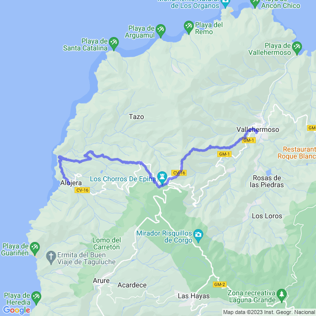 Hiking map of the trail footpath: Vallehermoso - Chorros de Epina - Playa del Trigo - Alojera