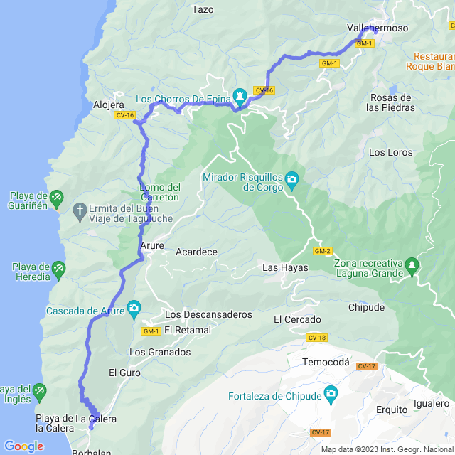 Wander-Karte auf pfad: Vallehermoso - Chorros de Epina - Alojera - Arure - Valle Gran Rey