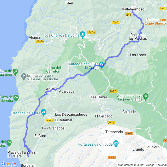 Wander-Karte auf pfad: Vallehermoso - La Encantadora - Raso de la Bruma - Cañada Jorge - Arure - La Merica - Valle G