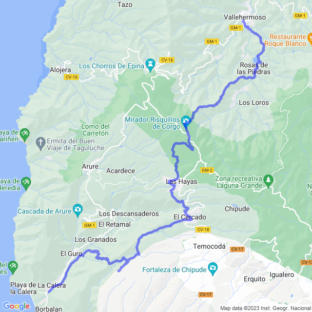 Hiking map of the trail footpath: Vallehermoso - La Encantadora - Las Creces - Las Hayas - El Cercado - Ermita de Guará - Chele